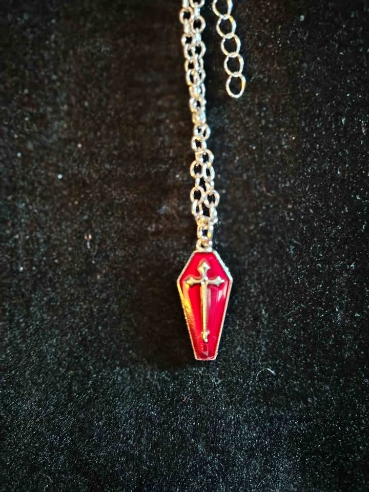 New Gothic Red Coffin Enamel Pendant Necklace