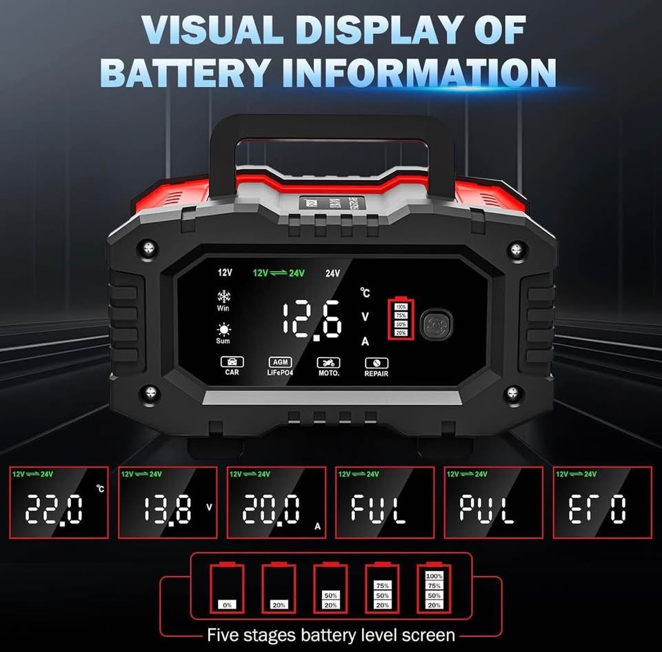 Huiaipaic 20-Amp Car Battery Charger, 12V/20A - photo 5