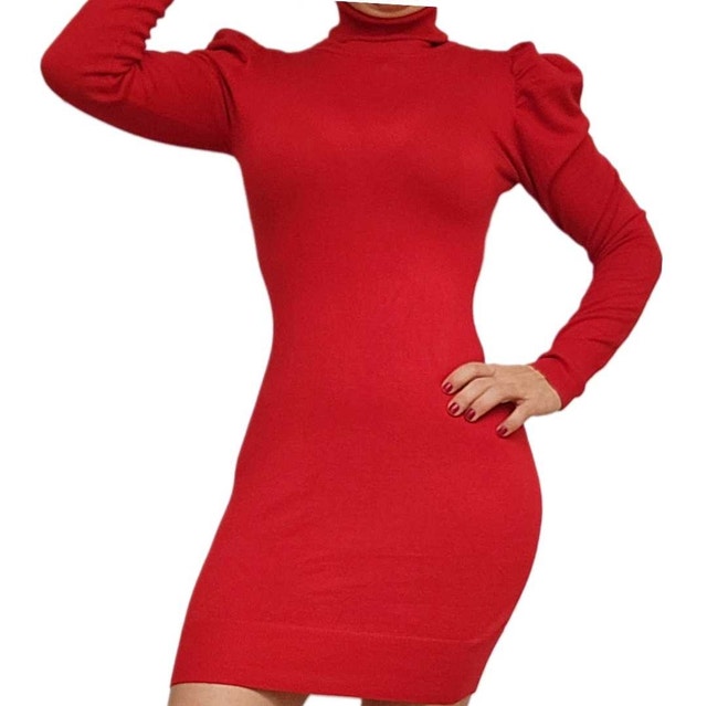 Red wool dress for women, long sleeves