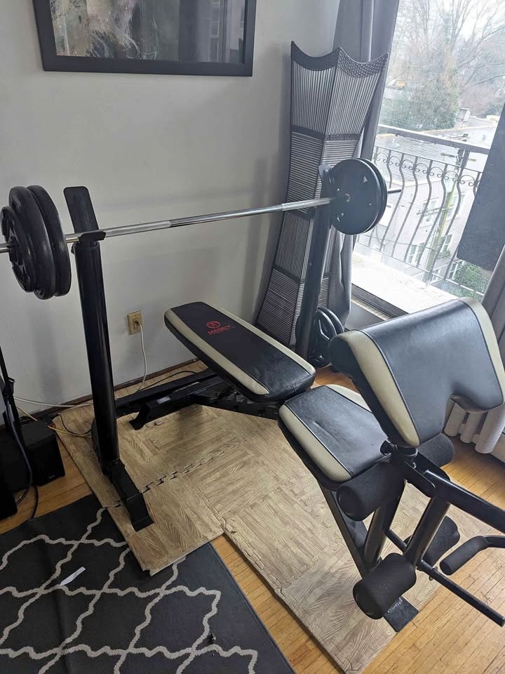 Bench/Squat Rack + 150lbs Plates & Barbell