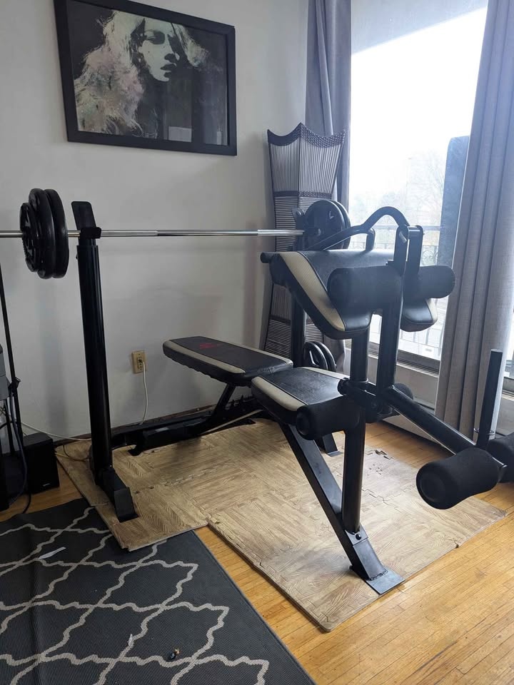 Bench/Squat Rack + 150lbs Plates & Barbell - photo 3