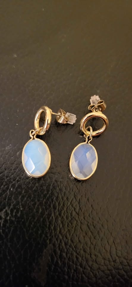 Gold tone dangle earrings with pretty blue oval stones - photo 2
