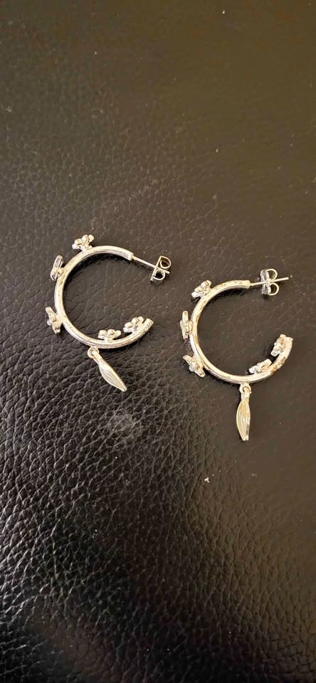 Silver Flower Butterfly Hoop Earrings