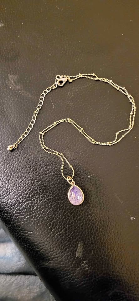 Beaded chain necklace with purple teardrop pendant