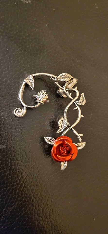 Silver Red Rose Ear Cuff Wrap