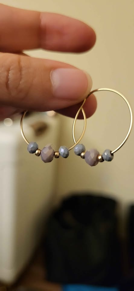 Gold hoop earrings with pinkish purple and grey beads - photo 2