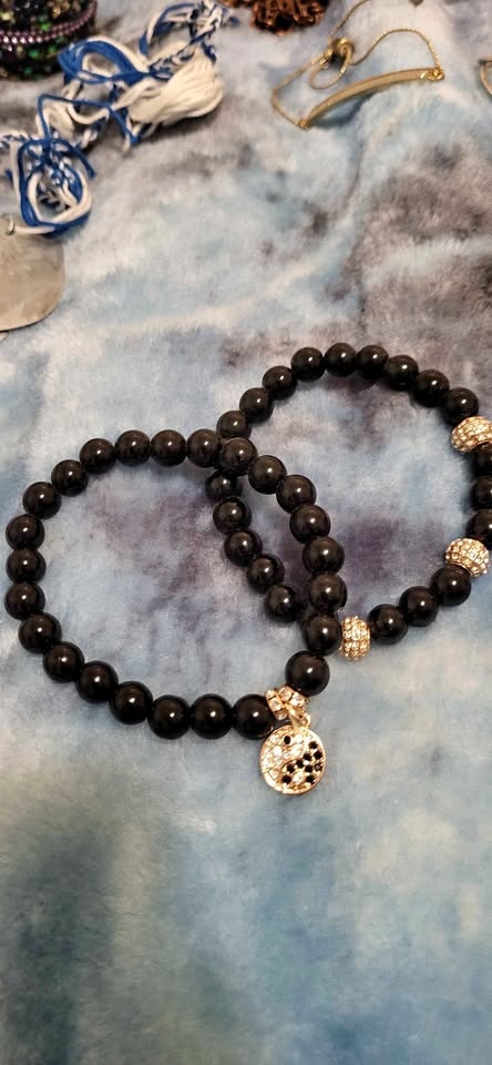 Black Beaded Bracelets w/ Rhinestone Charms