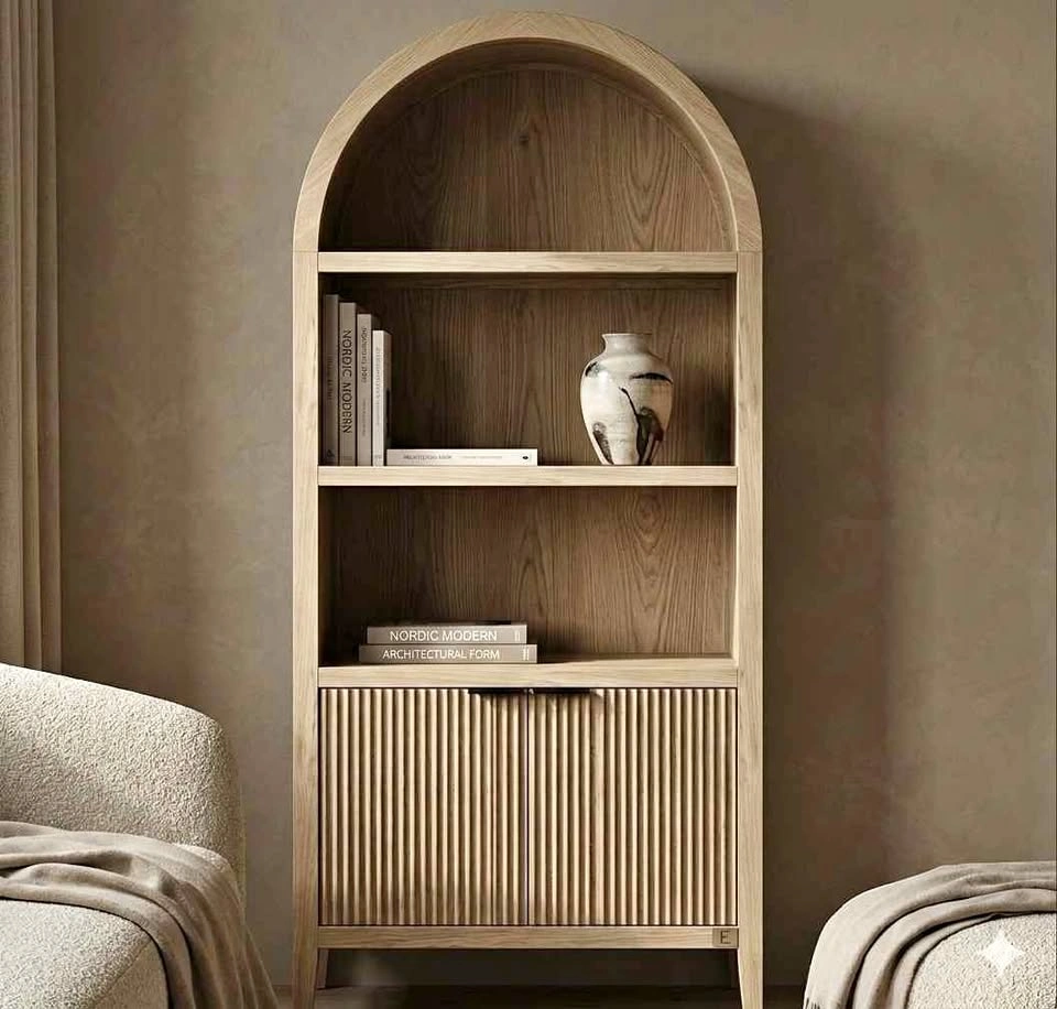 BNIB 71" Tall Arched Wood Bookcase with Fluted Cabinet Doors