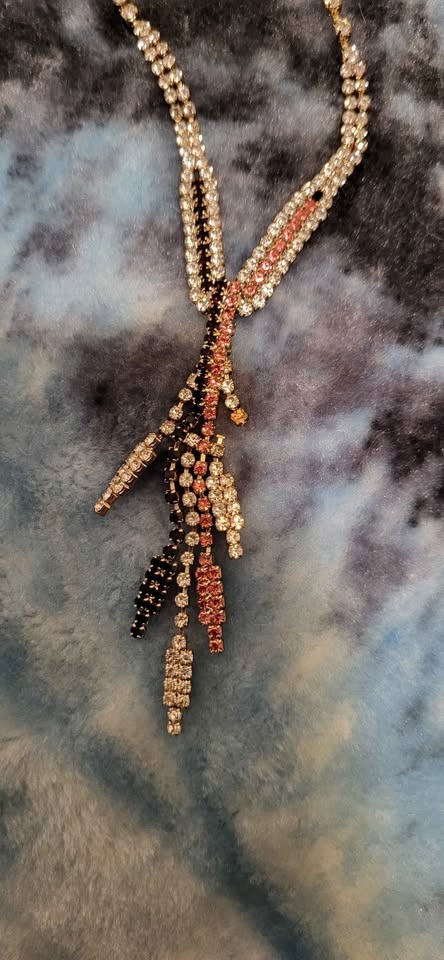 Sparkly Rhinestone Necklace Clear Pink Black Lariat Style - photo 2