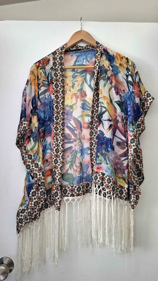 Tropical Floral Kimono Cover-Up with Fringe