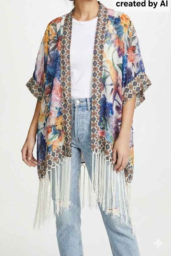 Tropical Floral Kimono Cover-Up with Fringe - photo 3