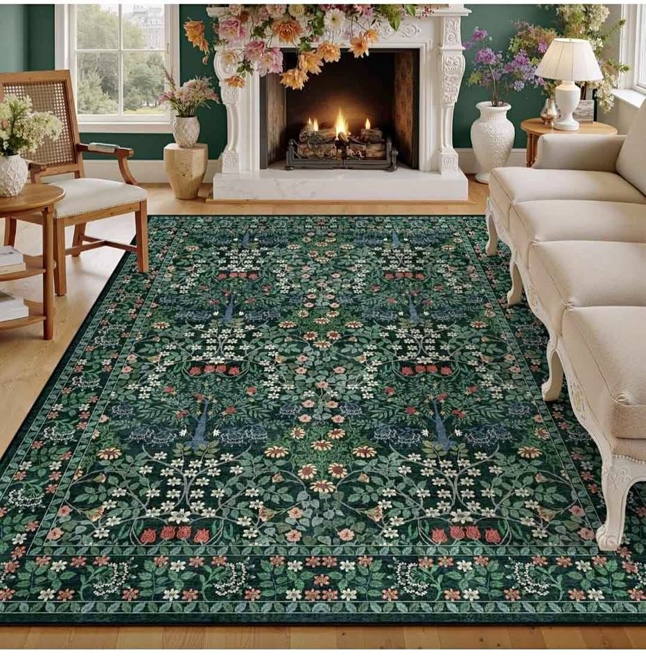 6x9 Area Rug - Floral Vintage Morris-Inspired Washable Carpet