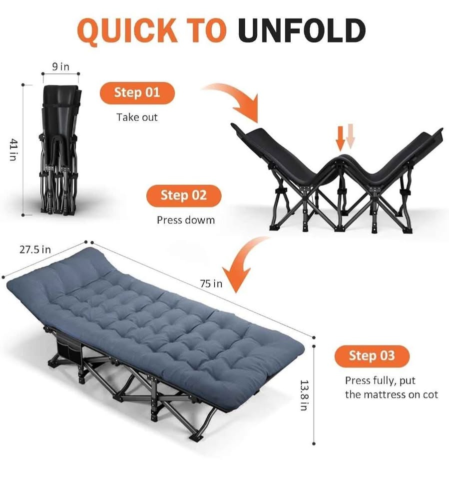 Adult Camping Cot with Cushion - Portable Folding Bed - photo 3