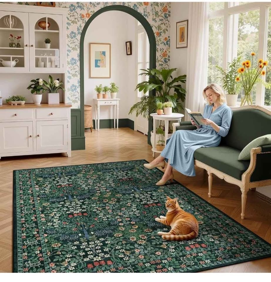 Brand New 6x9 Dark Green Floral Vintage Washable Rug