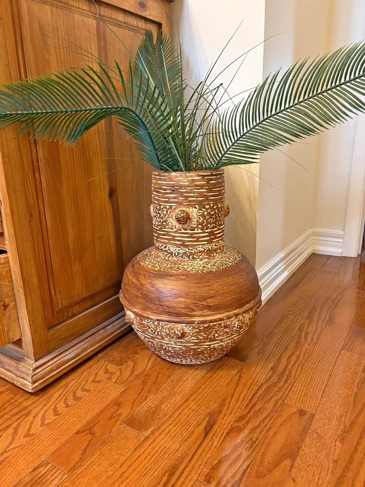 Large Decorative Vase with Faux Palm Plants