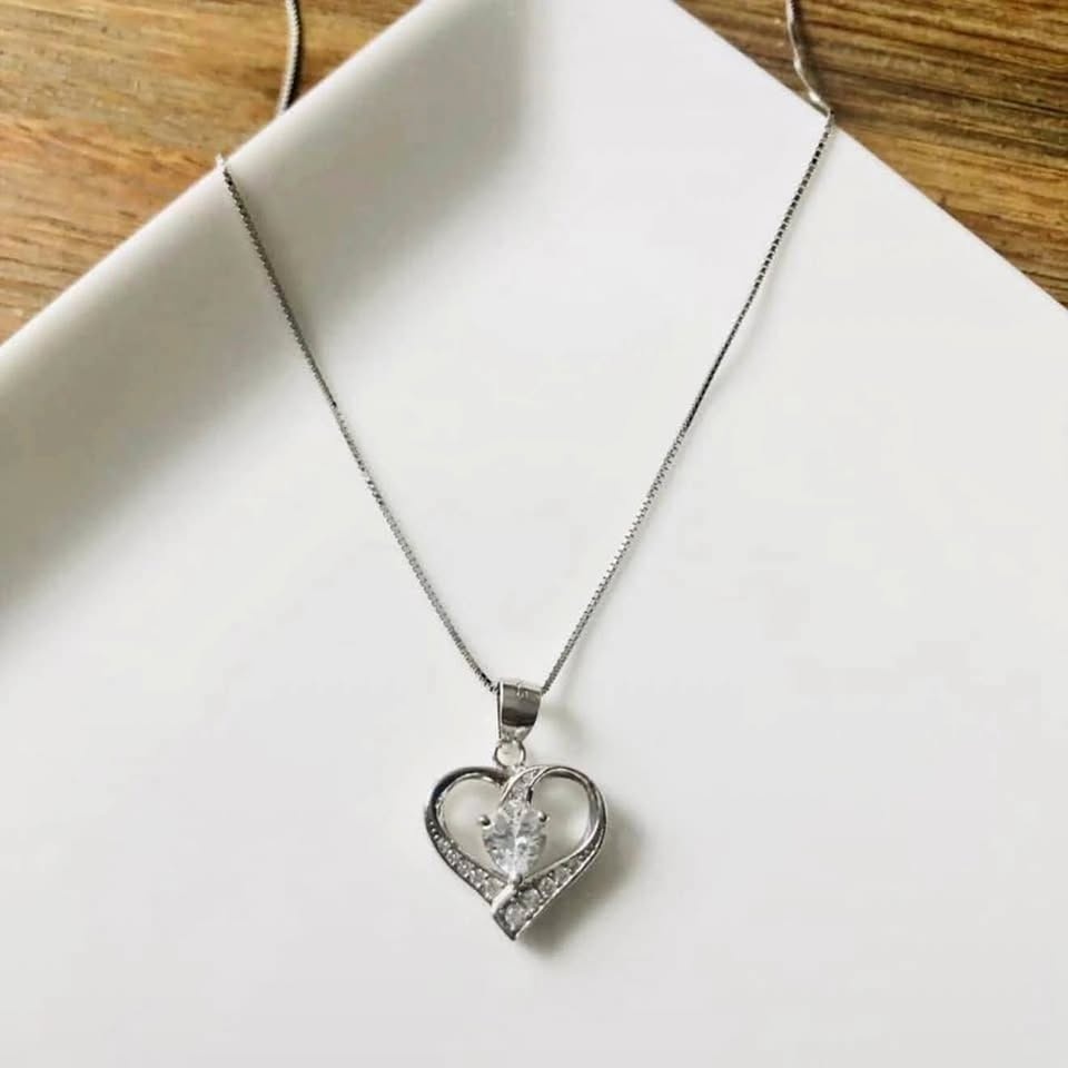 S999 Fine Silver Crystal Zircon Double Heart Shaped Pendant Neck