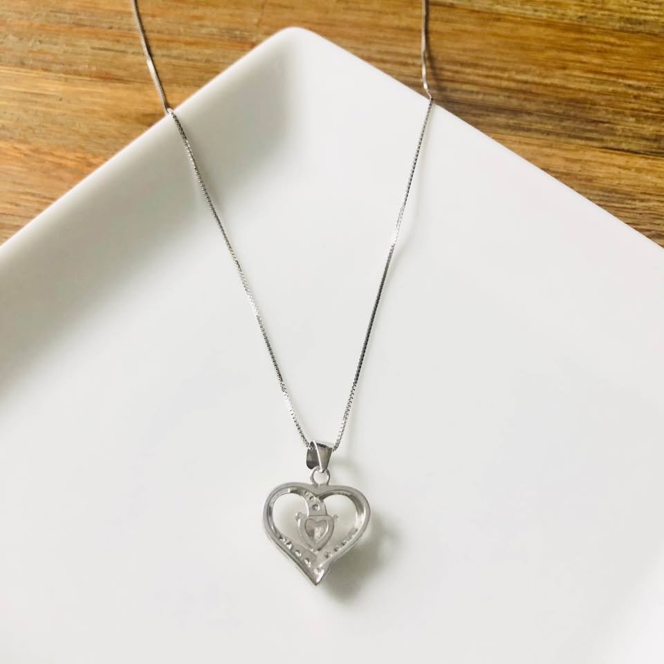 S999 Fine Silver Crystal Zircon Double Heart Shaped Pendant Neck - photo 2