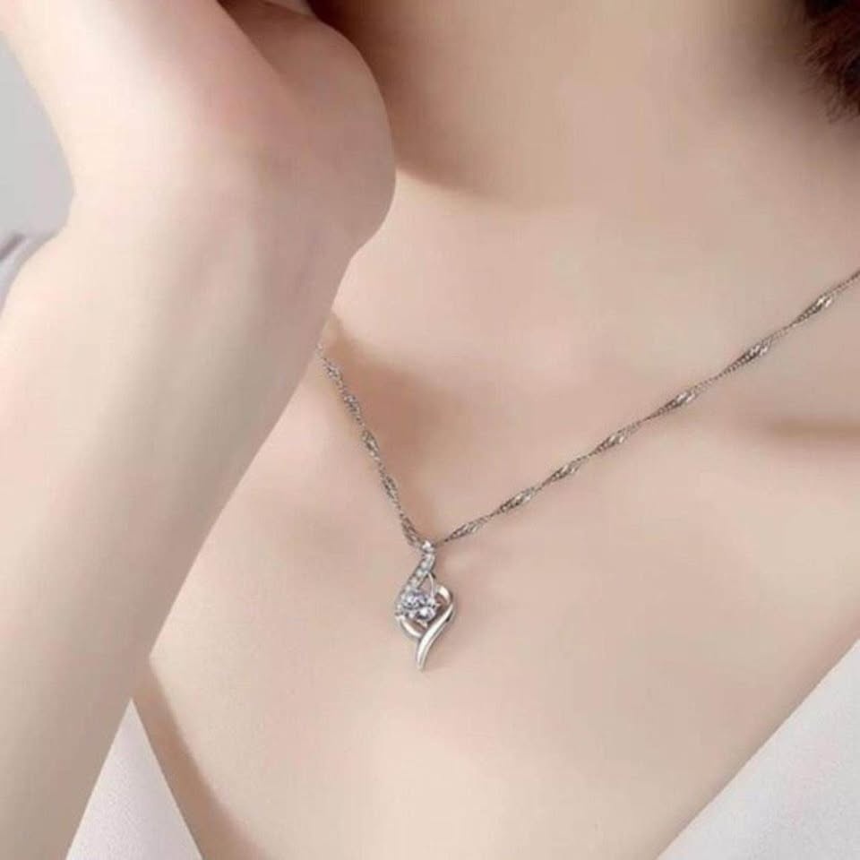 S999 Fine Silver Crystal Zircon Heart Drop Pendant Necklace - photo 4