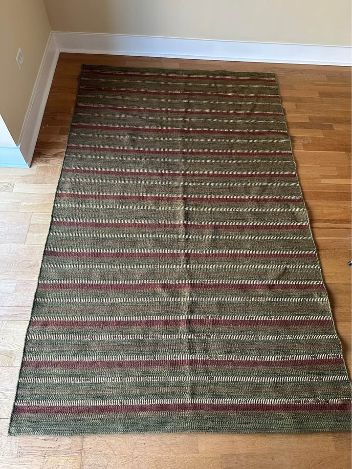 5x8 Flat-Woven Wool Rug - Earthy Stripes (Olive/Rust/Tan) - photo 2