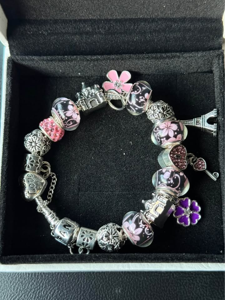 Pandora Charm Bracelet with Pink Black Purple Charms - photo 3