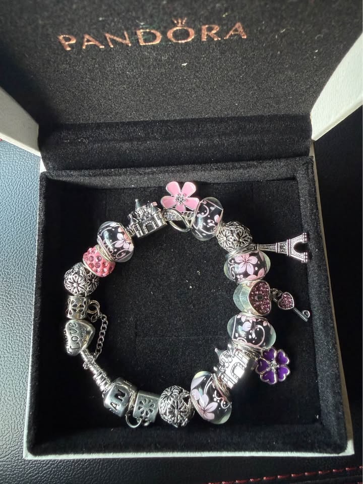 Pandora Charm Bracelet with Pink Black Purple Charms - photo 4