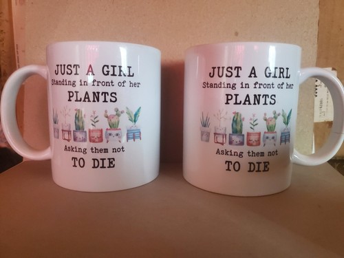 2 Coffee Mugs "Just A Girl Standing In Front Her Plants Asking T