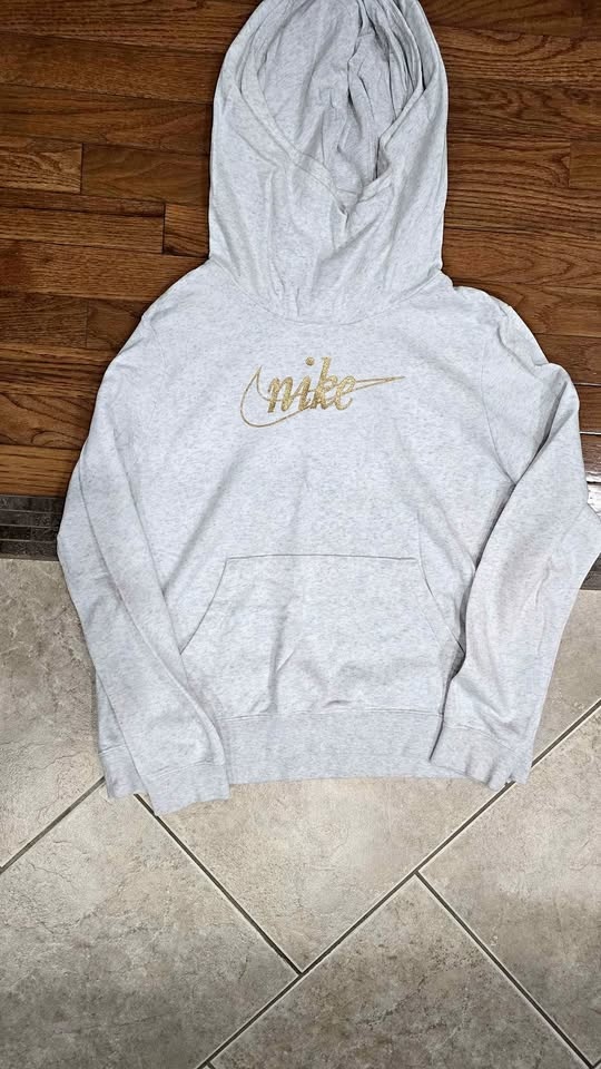 Nike Hoodie Light Gray Gold Glitter Logo Size L