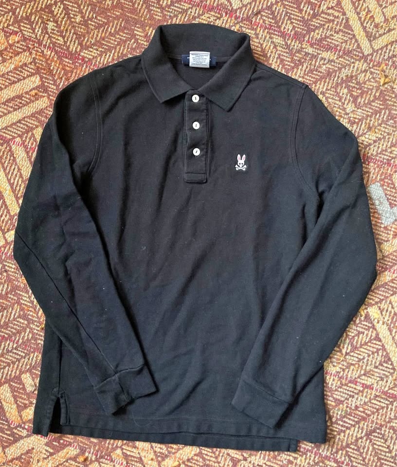 Psycho Bunny Polo Long Sleeve Shirt Black Classic Bunny Logo XS
