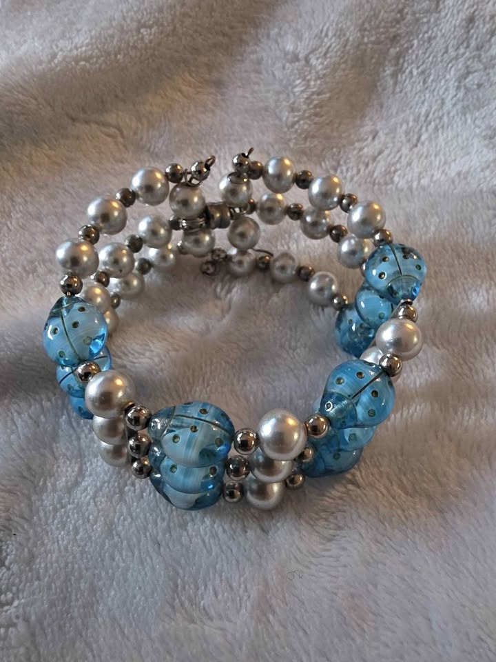 3 Teal Beaded Metal Arm Cuff/Bracelet