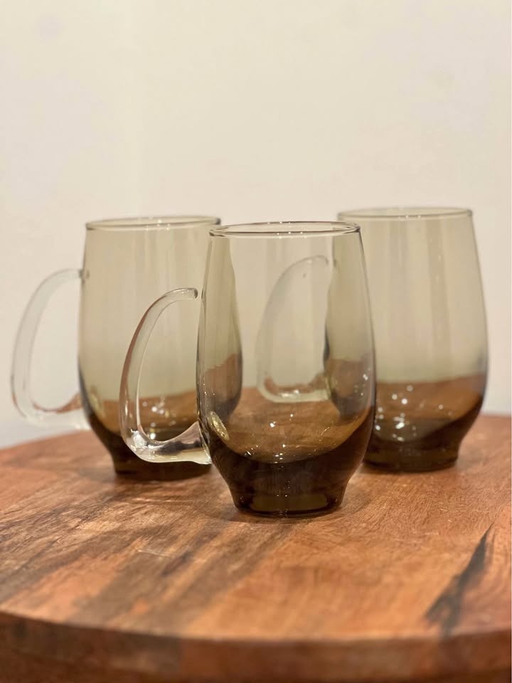 Vintage MCM Libbey Tempo Brown Smoke Glass Mugs - Set of 3