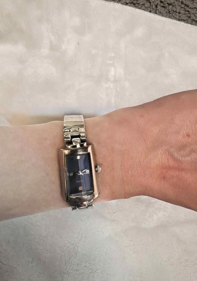 Yves Rocher Rectange Silver Tone Blue Dial Link Bracelet Analog