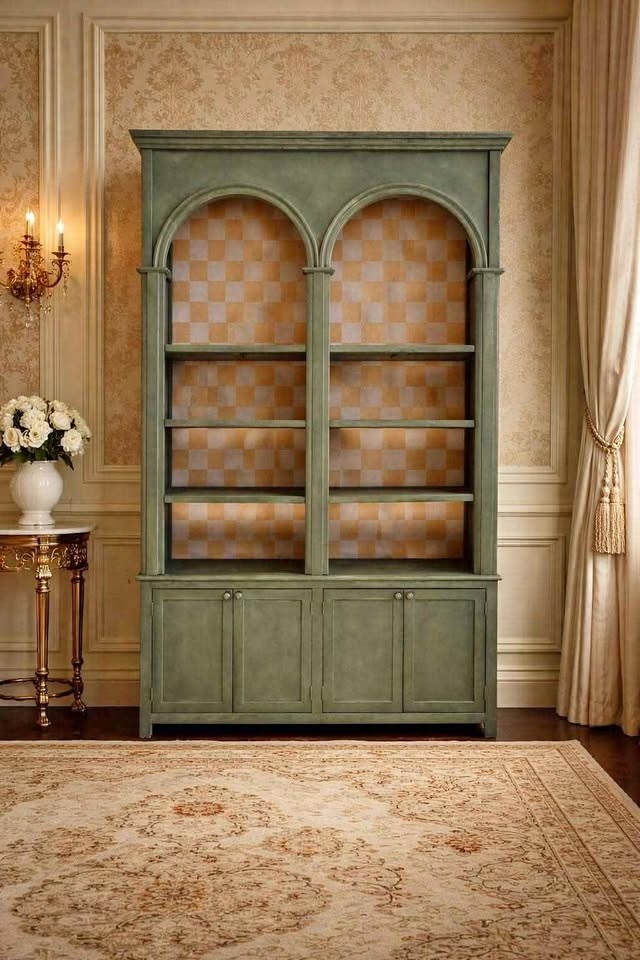 BNIB Elegant Pine Wood Display Cabinet – Arched Shelves, Antique