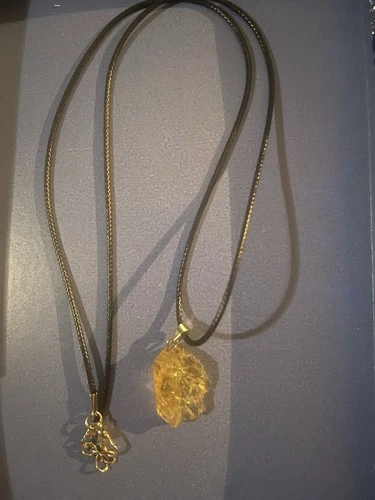 Yellow Rough Stone Pendant Necklace Black Cord Asymmetrical Char