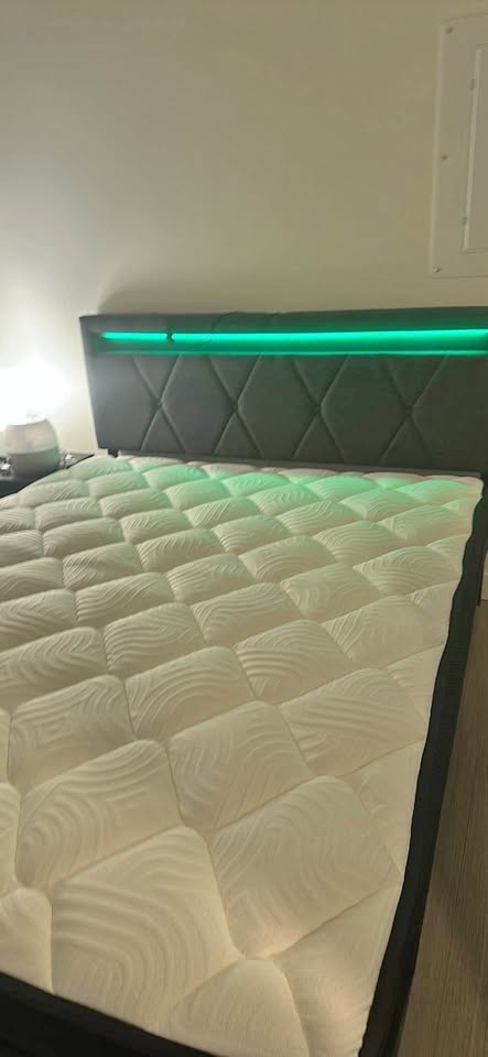 Queen Upholstered LED Bed with Hybrid Mattress - 5 Months Old
