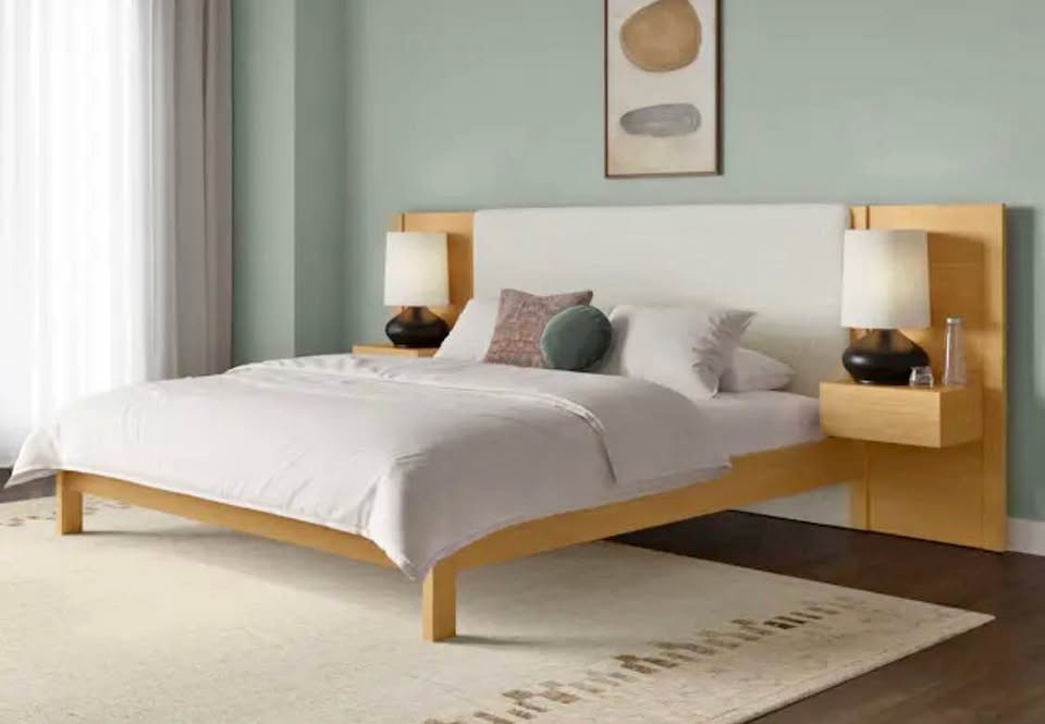 Cassie Ivory Chenille Oak King Bed Frame - Brand New