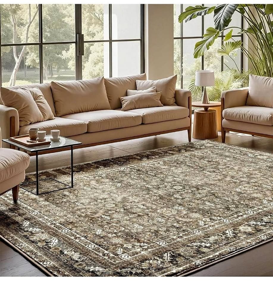 NEW 8x10 Vintage Brown Area Rug - Washable & Non-Slip