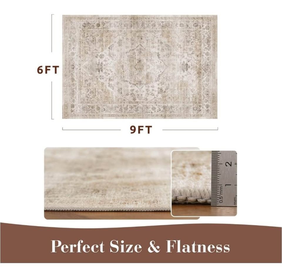6x9 Beige Machine Washable Area Rug - Soft Vintage Style - photo 2