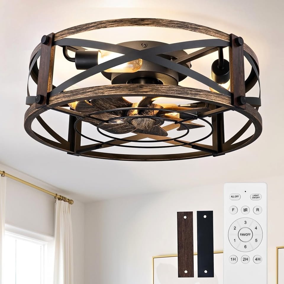 Farmhouse Ceiling Fan with Light - Black Caged 20"