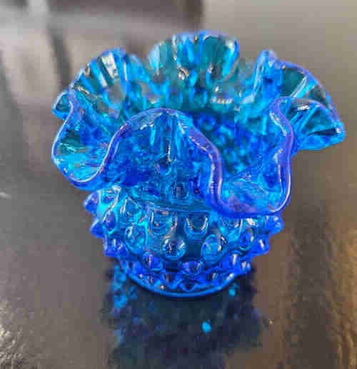 Fenton Blue Ruffled Hobnail Candle Votive/Vase