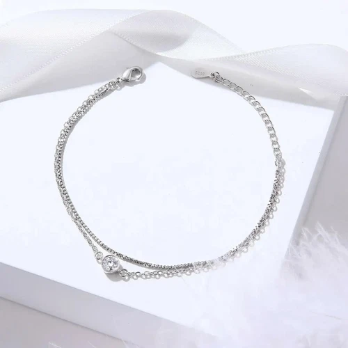 925 Sterling Silver Bracelet Double Chain White Gold Plate Cubic - photo 5