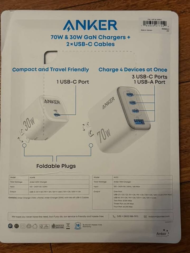 Anker 70W/30W Wall Charger Bundle, 2 Durable 6 ft. C-C Cables - photo 2