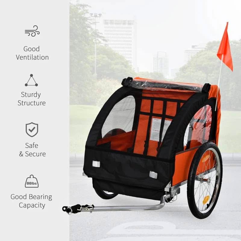 2-Seat Child Bike Trailer with Steel Frame & Harnesses