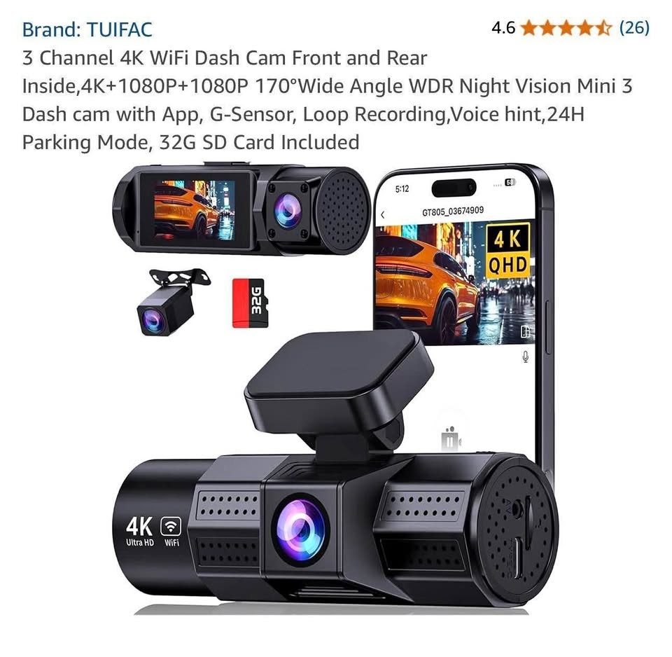 New in Box 3-Channel 4K Dash Cam - Front, Rear, Inside