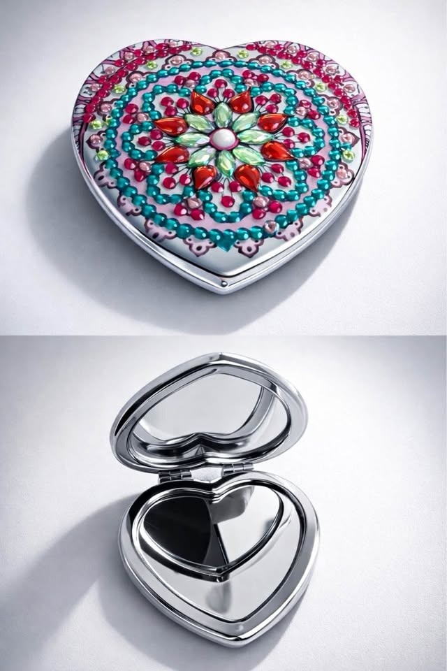 Heart-Shaped Beaded Compact Mirror – Handcrafted Mandala Design