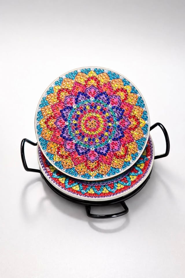 Vibrant Mandala Rhinestone Coaster – Handcrafted Sparkle for You