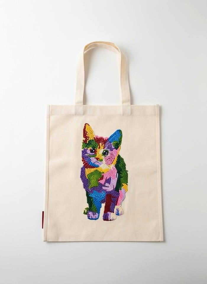 Hand-Embellished Chromatic Gem-Couture Cat Tote