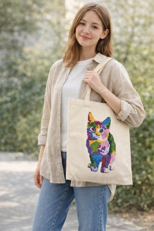 Hand-Embellished Chromatic Gem-Couture Cat Tote - photo 2
