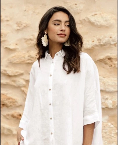 L.L. BEAN (Size XL) 100% Linen White 3/4 Sleeves Button Down Blo