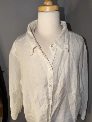 L.L. BEAN (Size XL) 100% Linen White 3/4 Sleeves Button Down Blo - photo 3