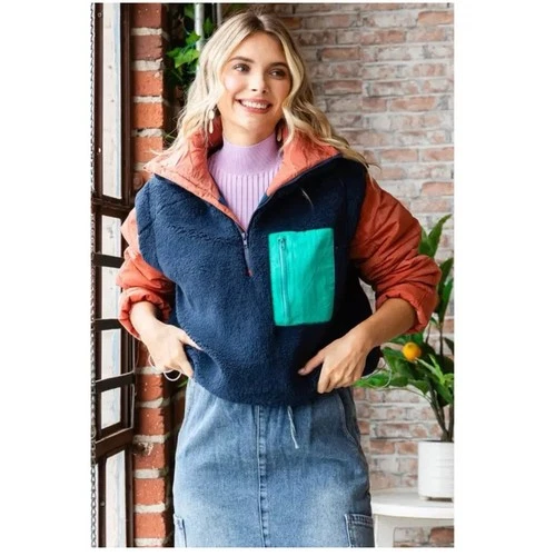 Sherpa Fleece Quilted Puffer Sleeve Cropped Half Zip Pullover Ja